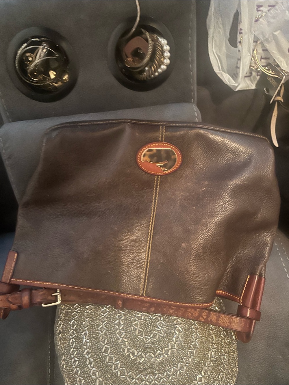 Dooney & Bourke Dark Brown Leather Shoulder Hobo with Tan Trim - Picture 2 of 3